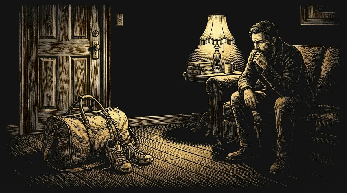 Engraving of a packed gym bag by the door while a man stays on the couch