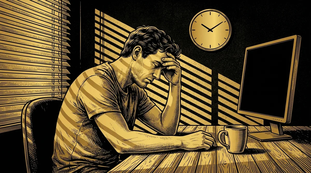 Engraving of a man slumped at his desk in the mid-afternoon