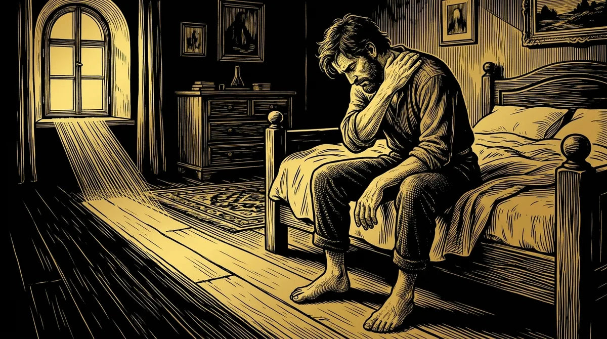 Engraving of a man on the edge of his bed at first light, rubbing his shoulder