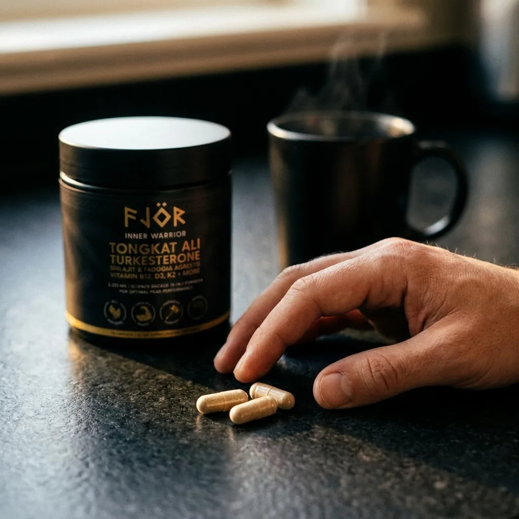 Three capsules on the counter beside the Inner Warrior jar and morning coffee
